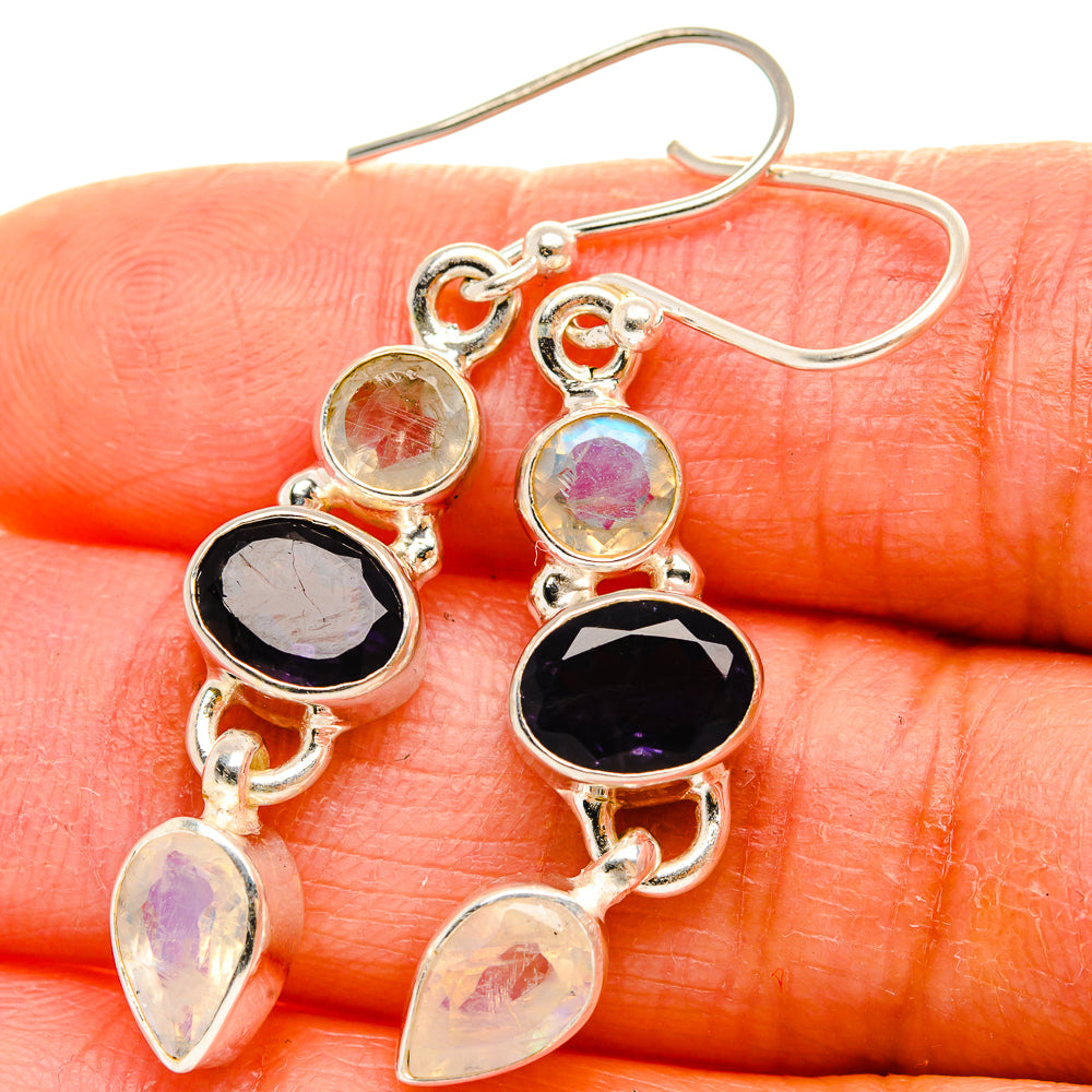 Ana Silver Co Faceted Tanzanite, Rainbow Moonstone Earrings 1 3/4" (925 Sterling Silver)