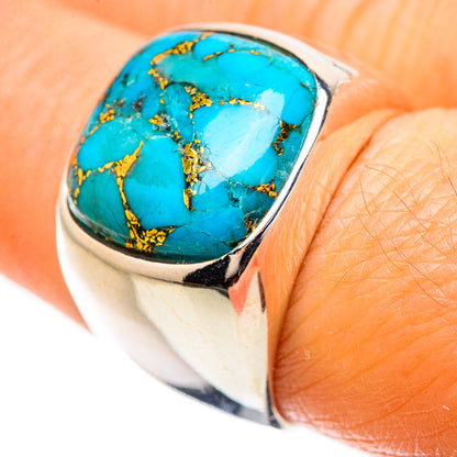 Turquoise oval cabochon sterling silver ring with gold veining, size 7.5