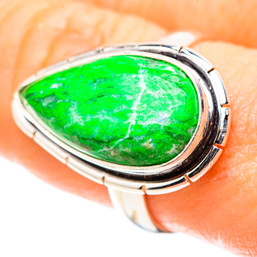 Sterling silver ring with large green teardrop Maw Sit Sit stone, bezel with dark trim