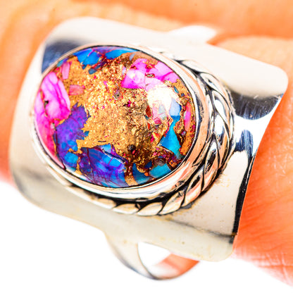 Silver oval gemstone ring with pink and blue turquoise style inlaid, gold fleck detail