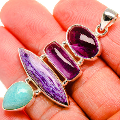 Charoite, Amazonite, Amethyst 925 Sterling Silver Pendant 2 1/4" (925 Sterling Silver) PD37656
