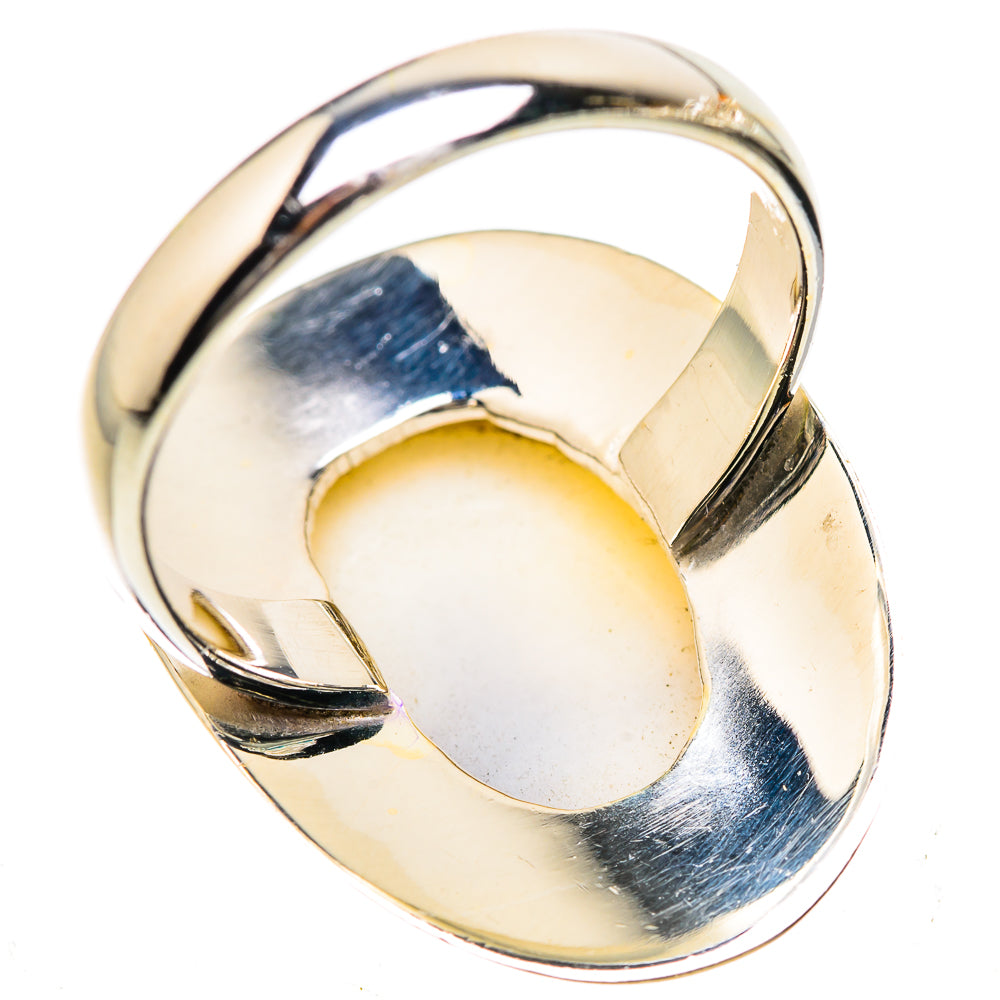 Sterling silver ring with oval dendritic agate cabochon bezel, blue and amber stone