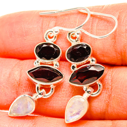 Garnet, Rainbow Moonstone Earrings 1 3/4" (925 Sterling Silver) EARR431590