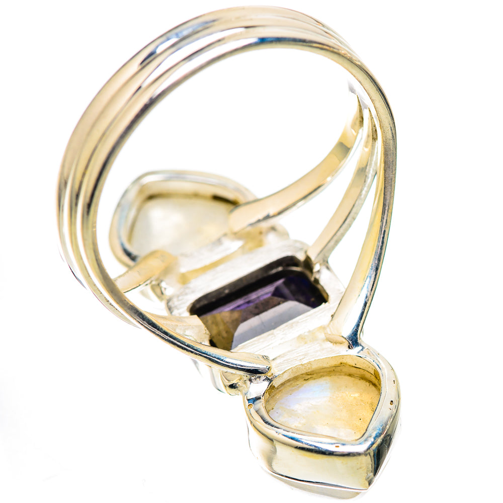 Sterling silver ring side view with raised square center stone and two oval rainbow moonstones