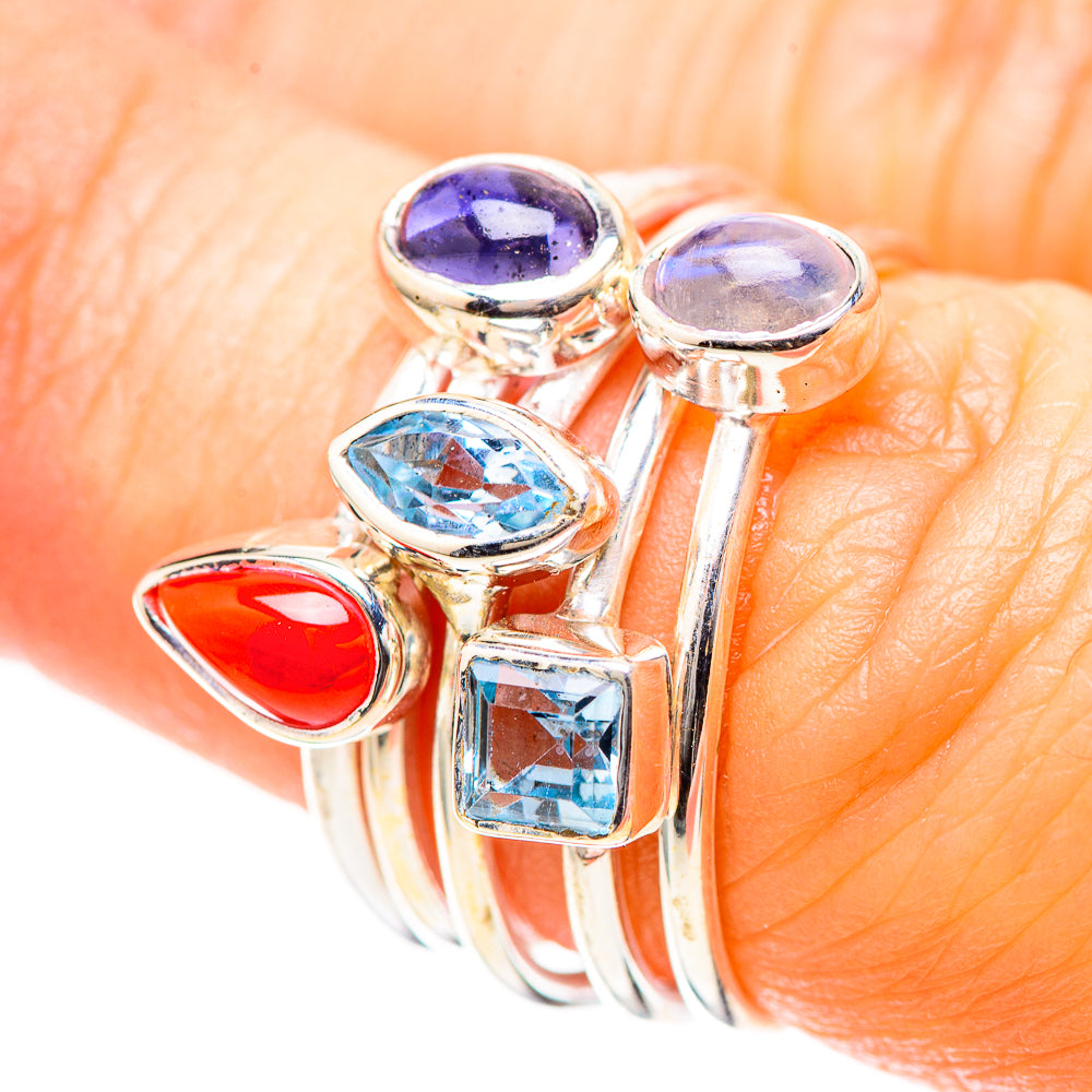 925 sterling silver gemstone ring with purple oval, blue square, red teardrop and moonstone
