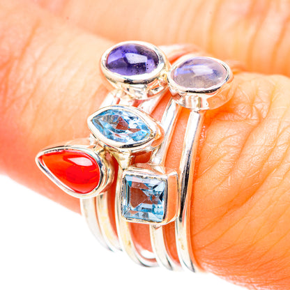 925 sterling silver gemstone ring with purple oval, blue square, red teardrop and moonstone