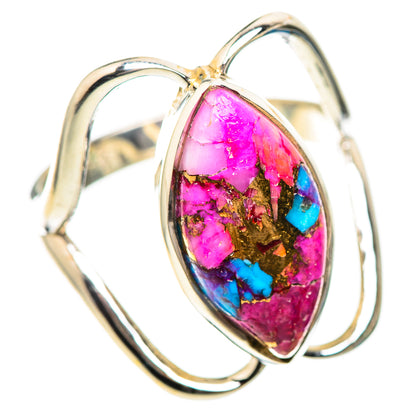 Sterling silver oval ring with magenta, turquoise and gold-tone inlay gemstone