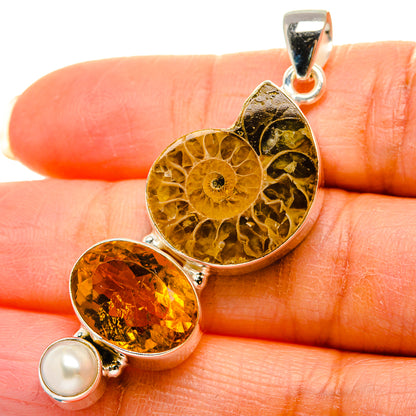 Ammonite Fossil, Citrine, Cultured Pearl Pendant 2"  (925 Sterling Silver) PD37244
