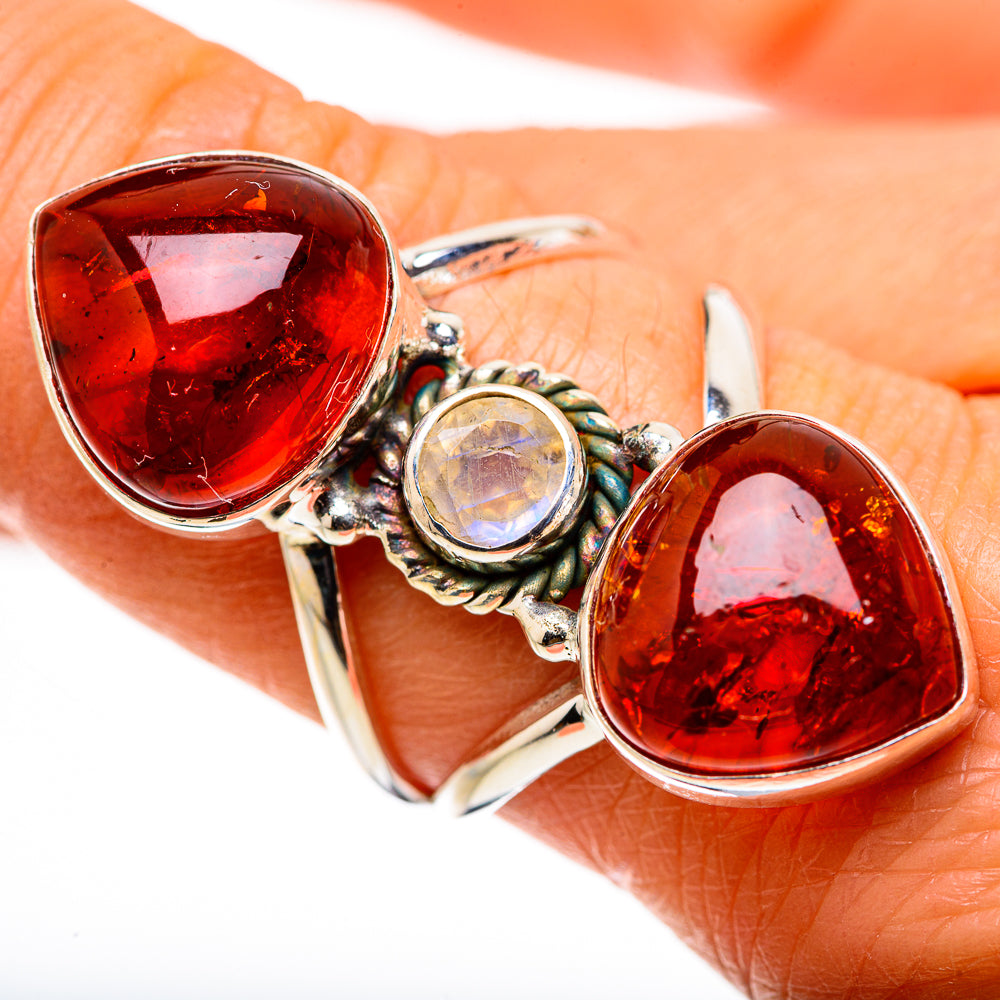 Large Baltic Amber, Rainbow Moonstone Ring Size 8 (925 Sterling Silver) RING134737