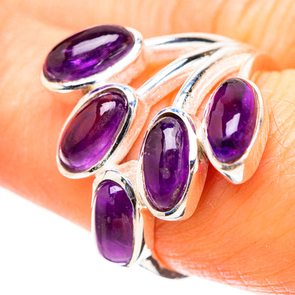 Amethyst oval cabochon sterling silver ring, five-stone bezel design