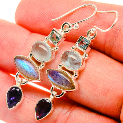 Labradorite, Tanzanite, Aquamarine, Blue Topaz Earrings 1 7/8" (925 Sterling Silver) EARR431848