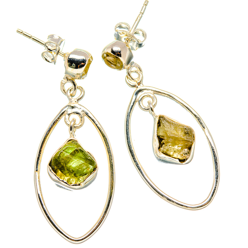 Sterling silver dangle earrings with rough yellow-green peridot and white quartz