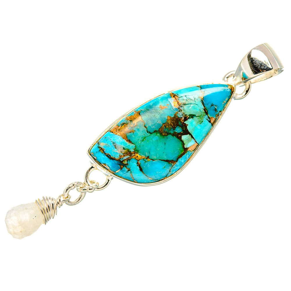Turquoise teardrop pendant with moonstone bead and 925 sterling silver frame