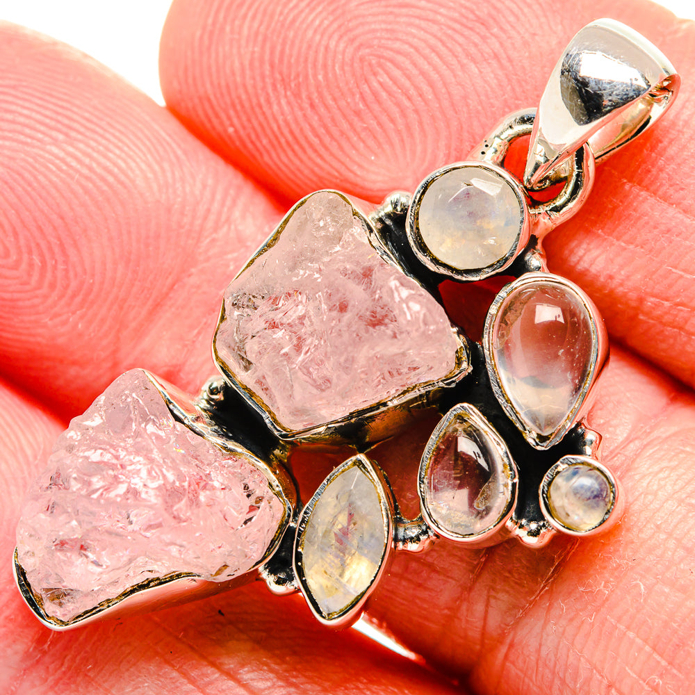 Rough Rose Quartz, Rainbow Moonstone, Blue Topaz Pendant 1 3/4" (925 Sterling Silver) PD36751