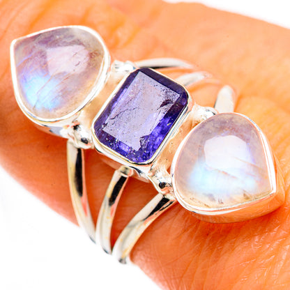 925 sterling silver ring with faceted tanzanite and rainbow moonstone teardrop stones