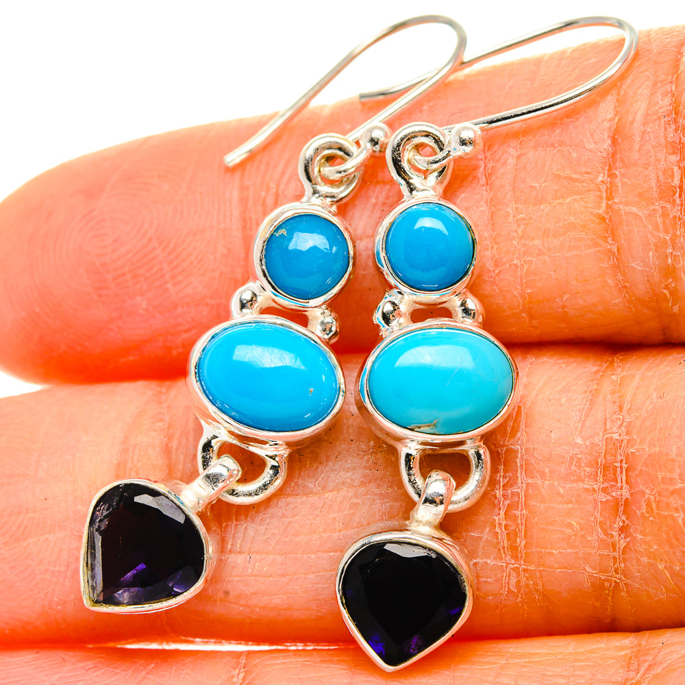 Turquoise blue and dark heart drop sterling silver earrings with dangling heart charms