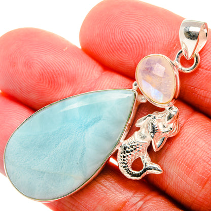 Larimar, Rainbow Moonstone 925 Sterling Silver Pendant 2 1/8" (925 Sterling Silver) PD37687