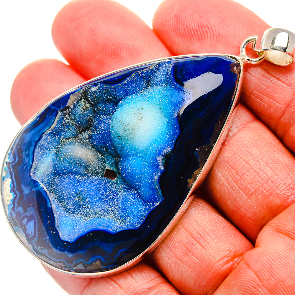 Blue window druzy teardrop pendant with sterling silver bezel and loop bail