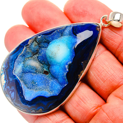 Blue window druzy teardrop pendant with sterling silver bezel and loop bail