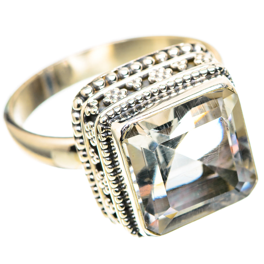 Sterling silver ring with square clear quartz and ornate beaded halo setting