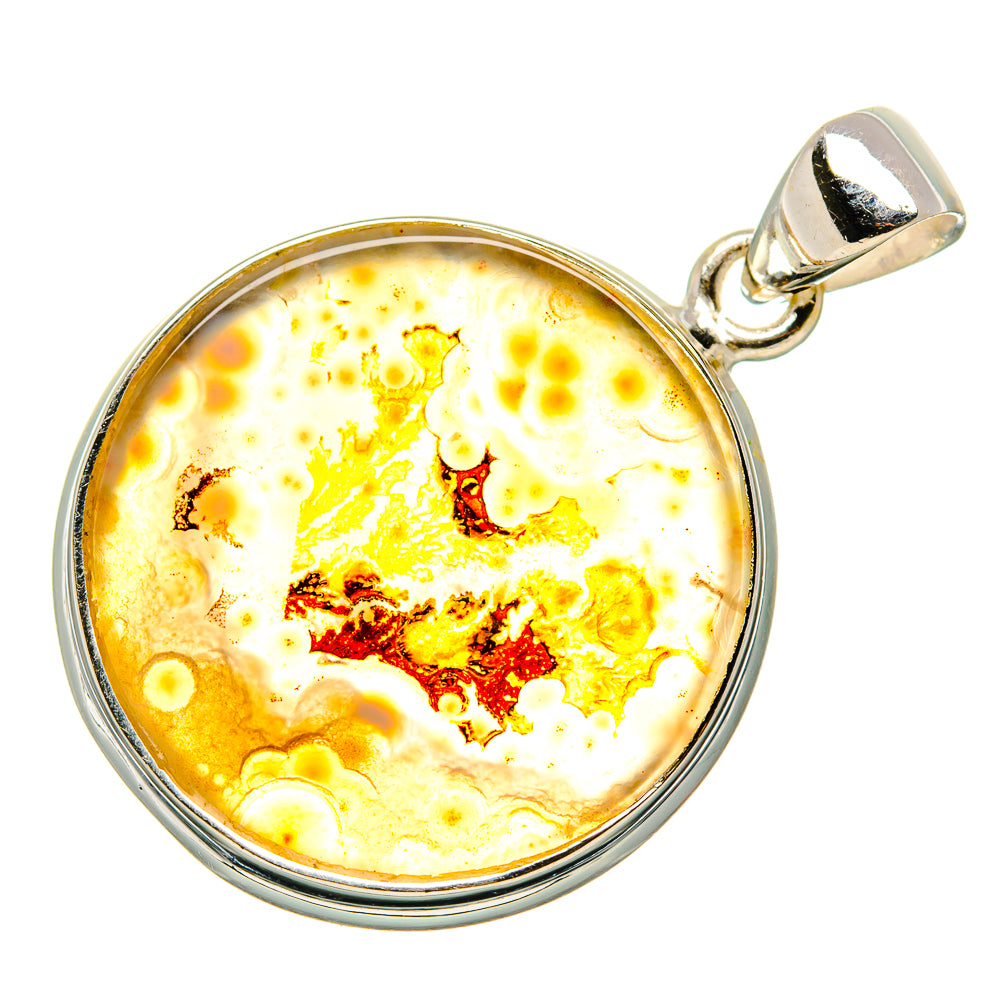 Dendritic agate pendant in sterling silver, round yellow stone with red-orange dendritic veining