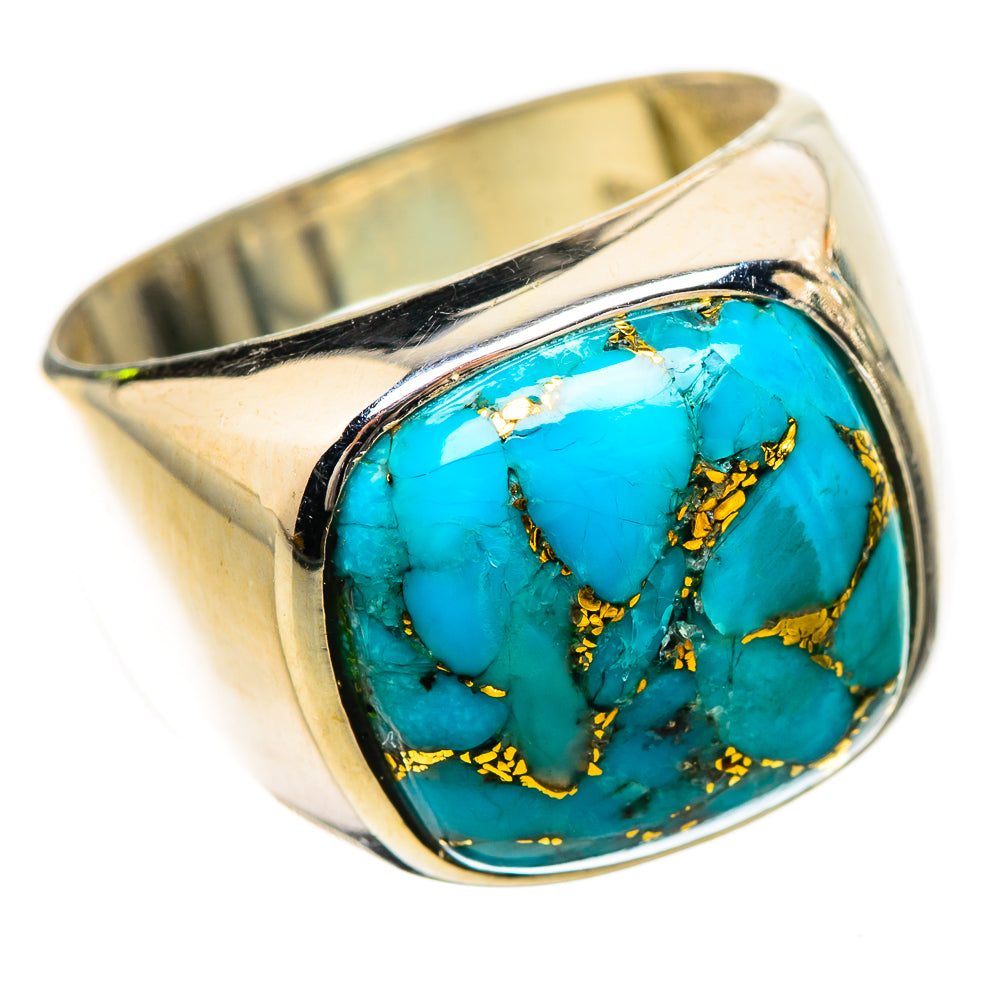 Turquoise oval cabochon sterling silver ring, gold veining on blue stone, size 7.5