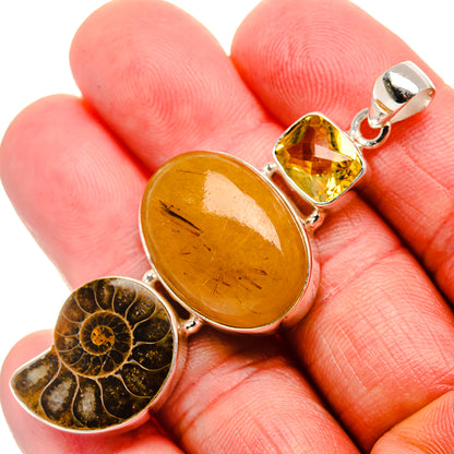 Rutilated Quartz, Ammonite Fossil, Citrine Pendant 2 3/8" (925 Sterling Silver) PD37601