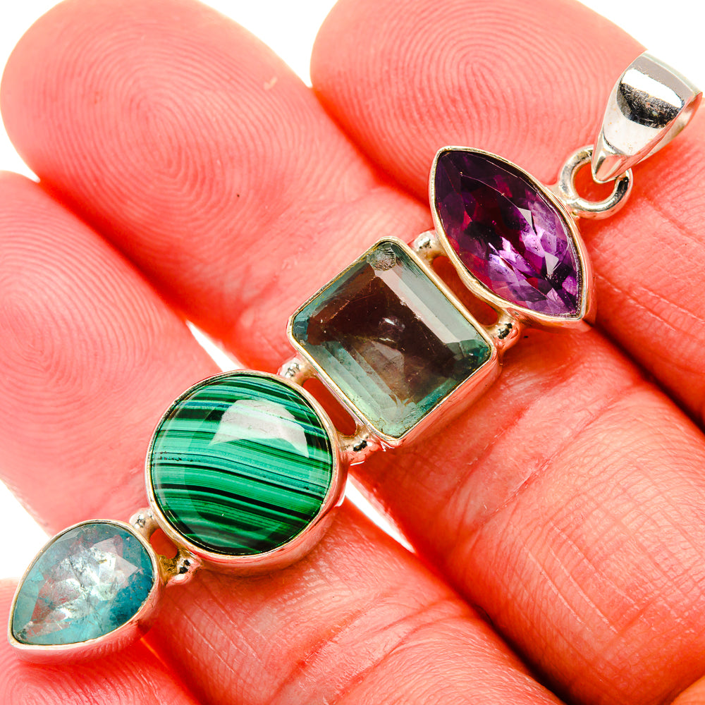 Malachite, Aquamarine, Amethyst 925 Sterling Silver Pendant 2 1/4" (925 Sterling Silver) PD37726