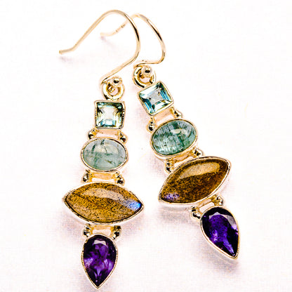 Labradorite, Tanzanite, Aquamarine, Blue Topaz Earrings 1 3/4" (925 Sterling Silver) EARR431910