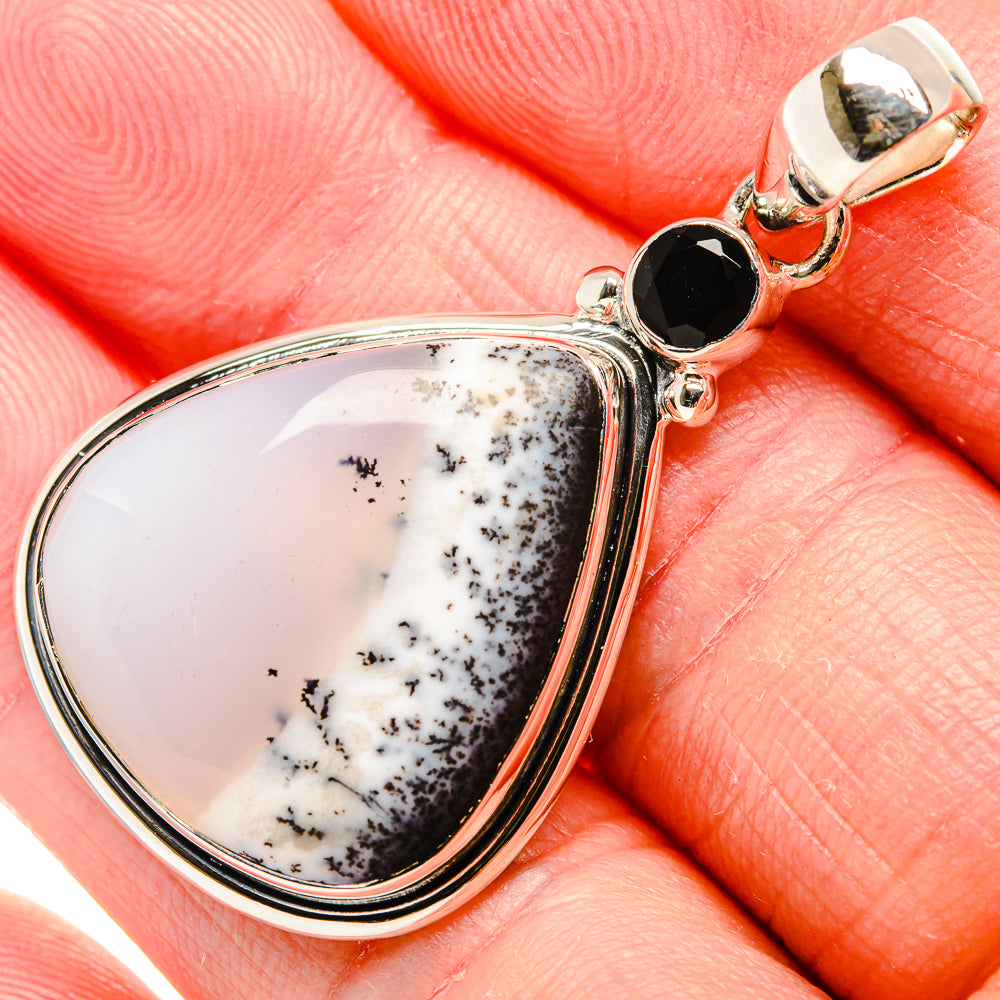 Dendritic Opal, Black Onyx Pendant 1 3/4" (925 Sterling Silver) PD36755