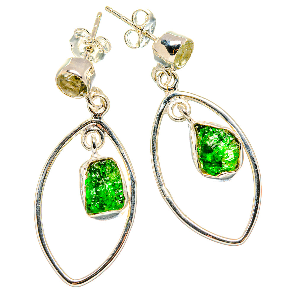 Sterling silver drop earrings with rough green gemstone drops and oval hoop frames