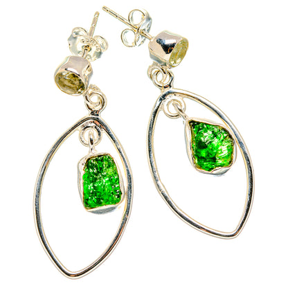 Sterling silver drop earrings with rough green gemstone drops and oval hoop frames