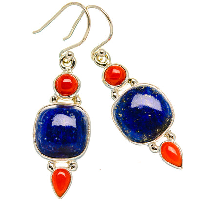 Lapis Lazuli, Red Coral 925 Sterling Silver Earrings 1 5/8" (925 Sterling Silver) EARR431921