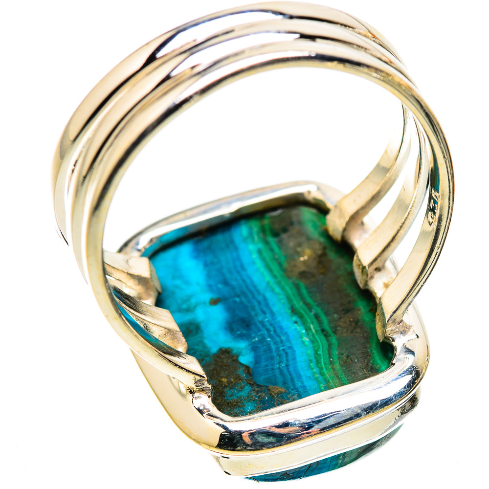 Sterling silver ring with faceted openwork band and blue-green stone cabochon, size 9.75