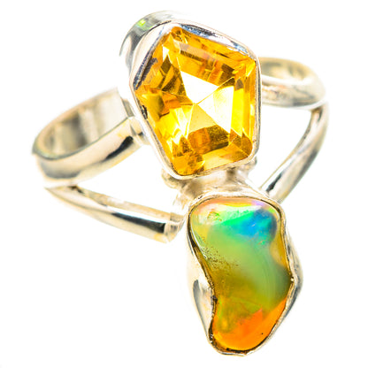925 silver ring with yellow cushion citrine and multicolor opal drop-shaped stone