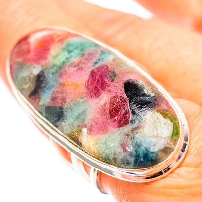 Oval tourmaline gemstone ring in 925 sterling silver, multicolor speckled stone top view