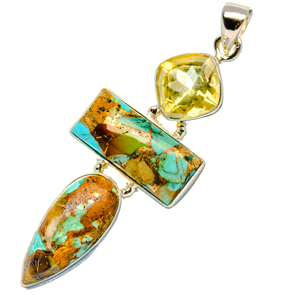 Turquoise and citrine gemstone pendant in 925 sterling silver with marquise and oval stones