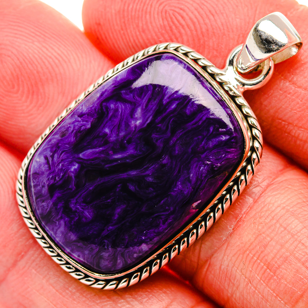 Charoite pendant with purple marbled stone in detailed sterling silver frame and bail
