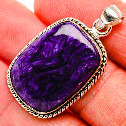 Charoite pendant with purple marbled stone in detailed sterling silver frame and bail