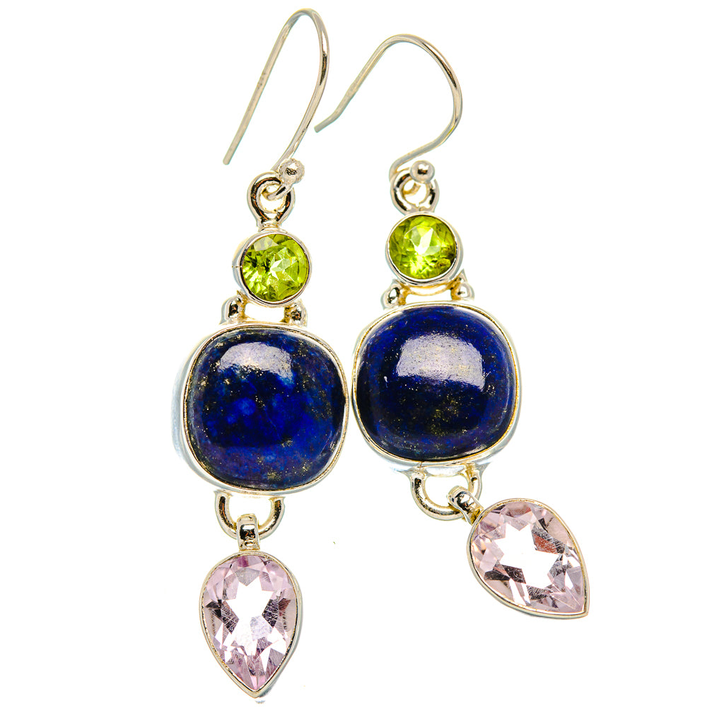 Sterling silver earrings with blue cabochon drops, peridot-green rounds and pink teardrop charms