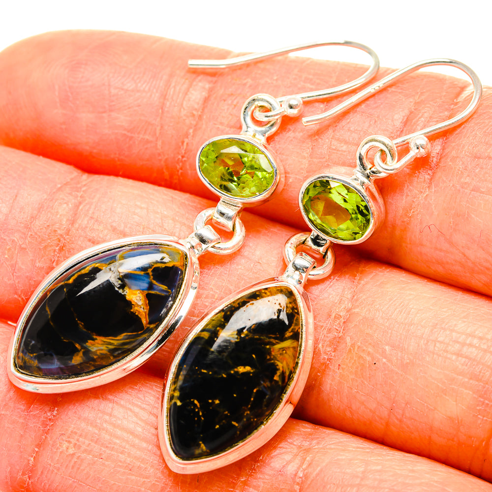 925 sterling silver earrings with green peridot and pietersite teardrop stones