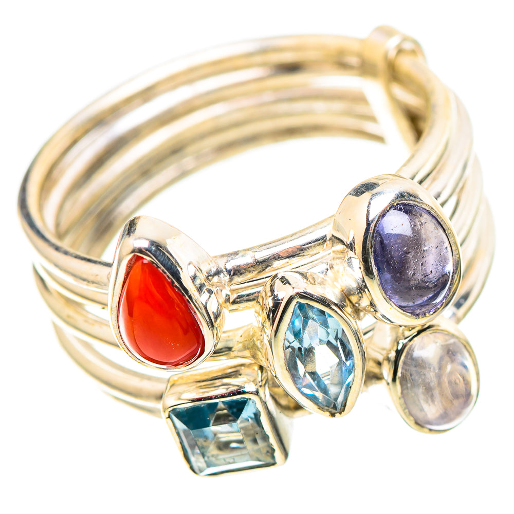 925 sterling silver gemstone ring with red teardrop, blue square, and purple oval accents