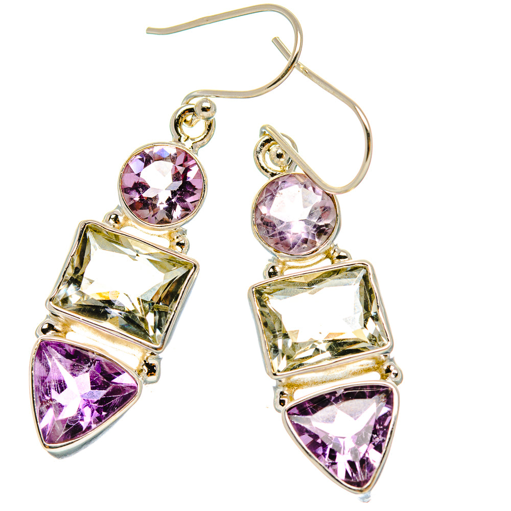 Silver amethyst and green gemstone drop earrings with purple and green faceted stones