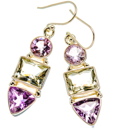 Silver amethyst and green gemstone drop earrings with purple and green faceted stones