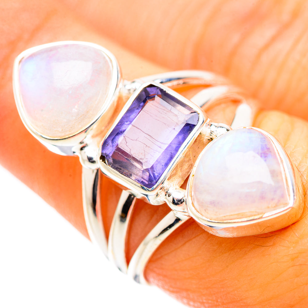 925 sterling silver ring with faceted purple square stone and two opal-like oval stones