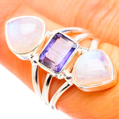 925 sterling silver ring with faceted purple square stone and two opal-like oval stones
