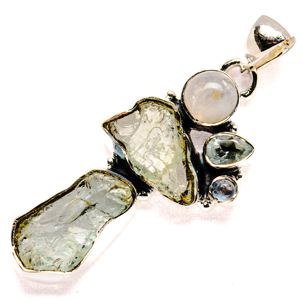 Rough Aquamarine, Rainbow Moonstone, Blue Topaz Pendant 2" (925 Sterling Silver) PD36775