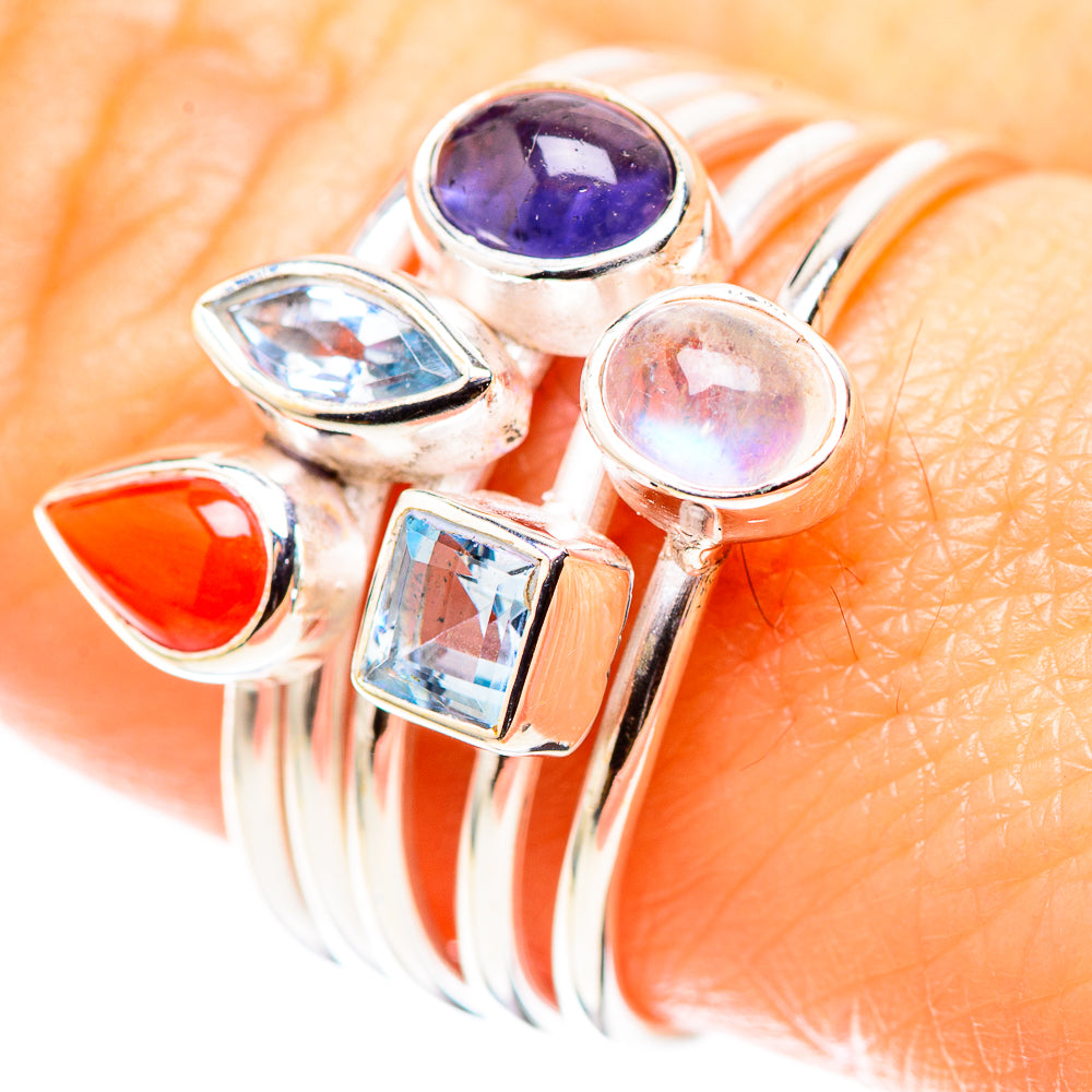 Red Coral, Tanzanite, Blue Topaz, Rainbow Moonstone Ring Size 8.75 (925 Sterling Silver) RING136819