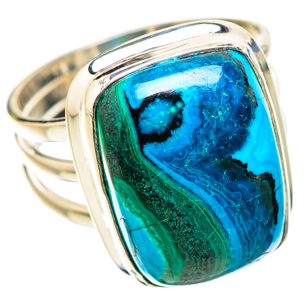 Sterling silver ring with oval blue malachite and green chrysocolla inlay, size 9.75