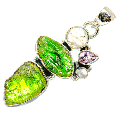 Rough Chrome Diopside, Rainbow Moonstone, Kunzite Pendant 1 3/4" (925 Sterling Silver) PD36819